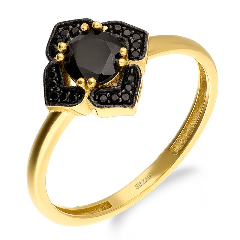 Pierścionek złoty markiza romb z czarnymi cyrkoniami próba 585