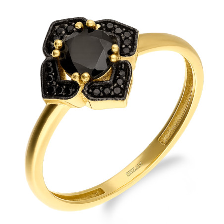 Pierścionek złoty markiza romb z czarnymi cyrkoniami próba 585