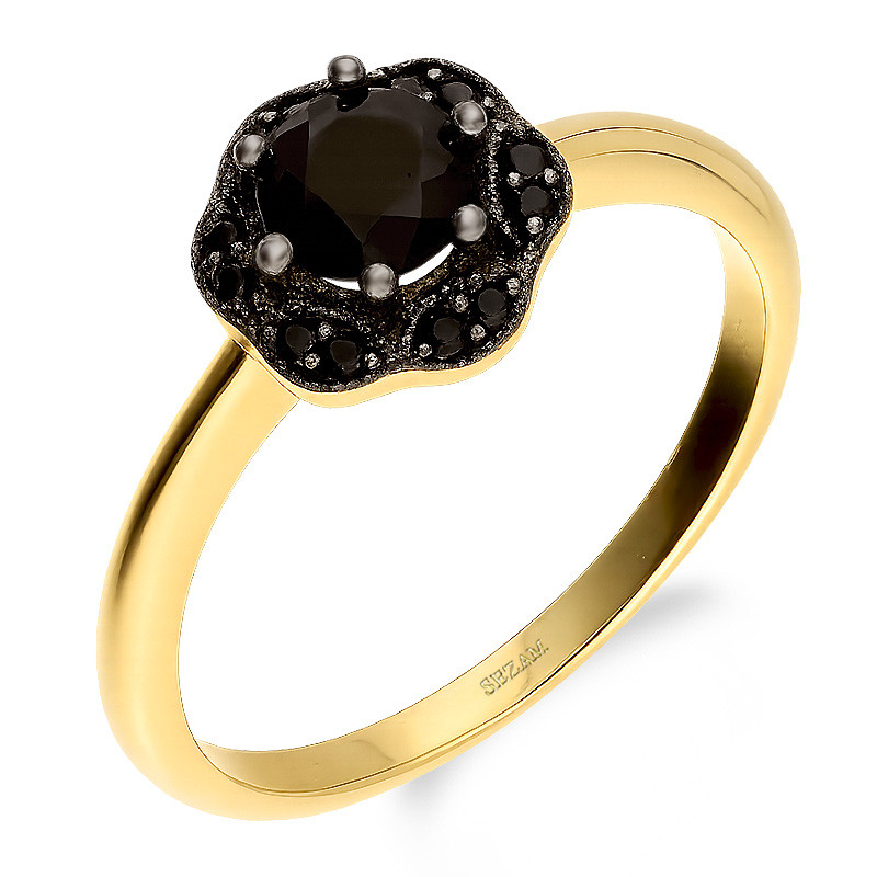 Pierścionek złoty markiza kwiat z czarnymi cyrkoniami próba 585