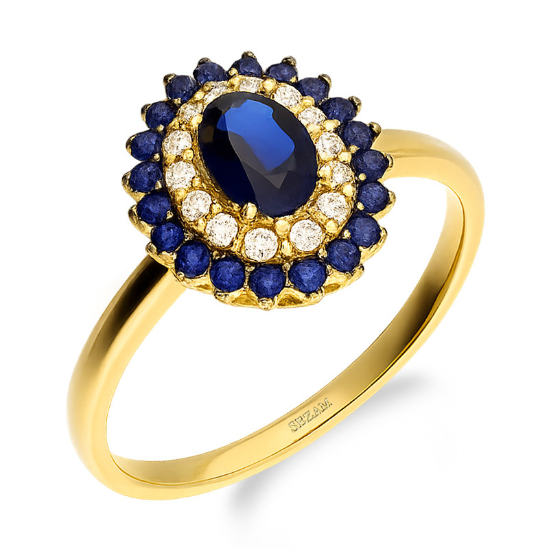 Pierścionek złoty owalna markiza z szafirowymi cyrkoniami próba 585