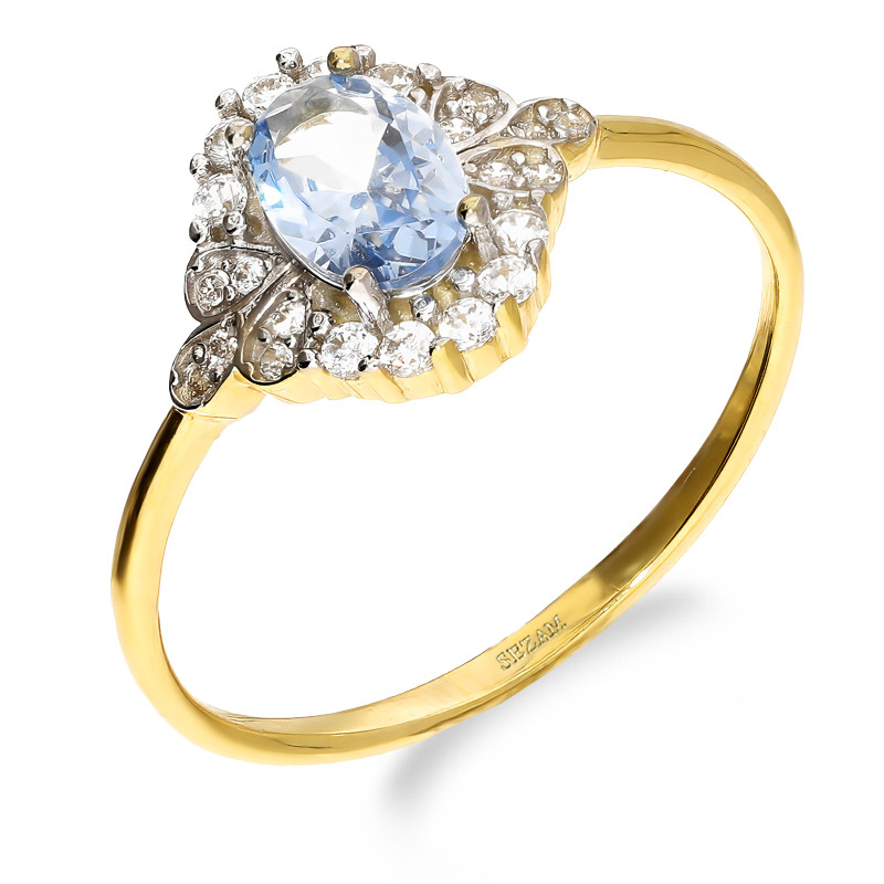 Pierścionek złoty owalna markiza z jasno-niebieską cyrkonią