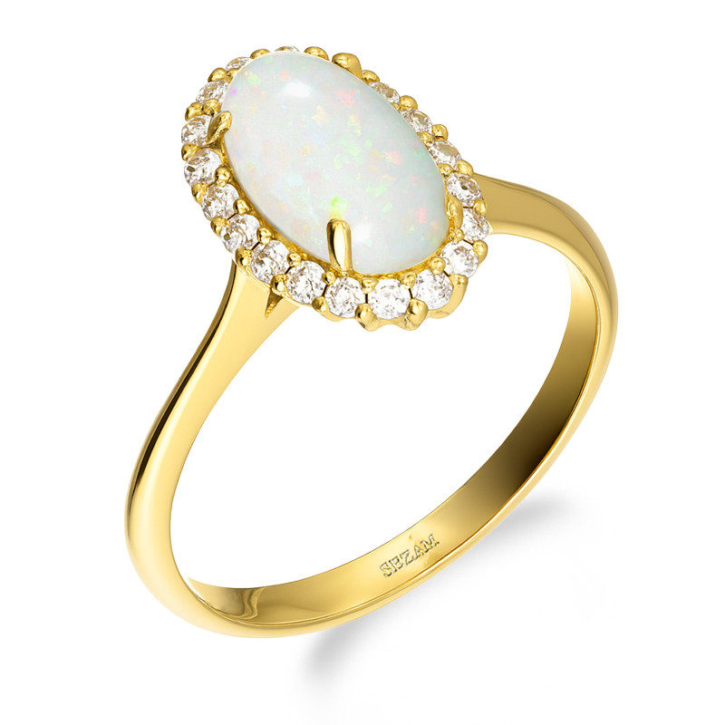 Pierścionek złoty z opalem i cyrkoniami
