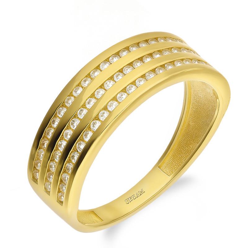 Pierścionek złoty z trzema rzędami białych cyrkonii próba 375