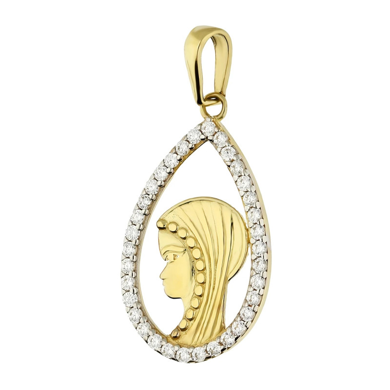 Medalik złoty Matka Boska główka w kropli z cyrkoniami