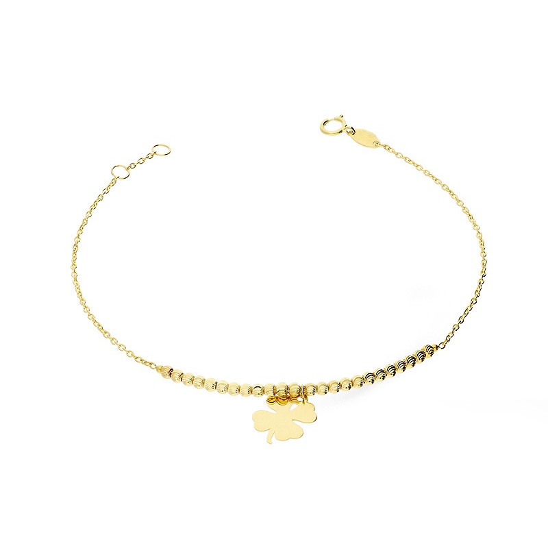 Bransoletka złota z grawerowanymi kulkami i wiszącą koniczyną