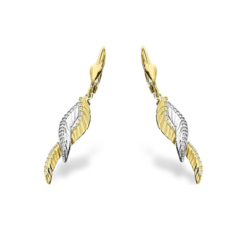 Kolczyki złote wiszące pióro grawer z cyrkoniami bicolor