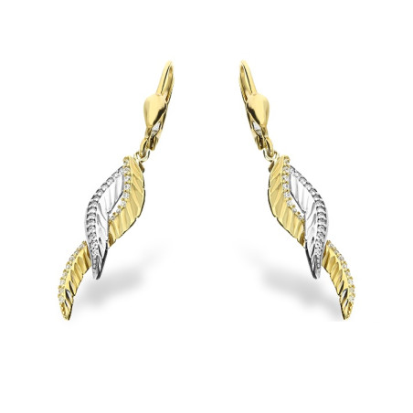 Kolczyki złote wiszące pióro grawer z cyrkoniami bicolor