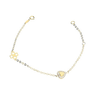 Bransoletka złota serce ramka z cyrkoni oraz koniczyna ramka