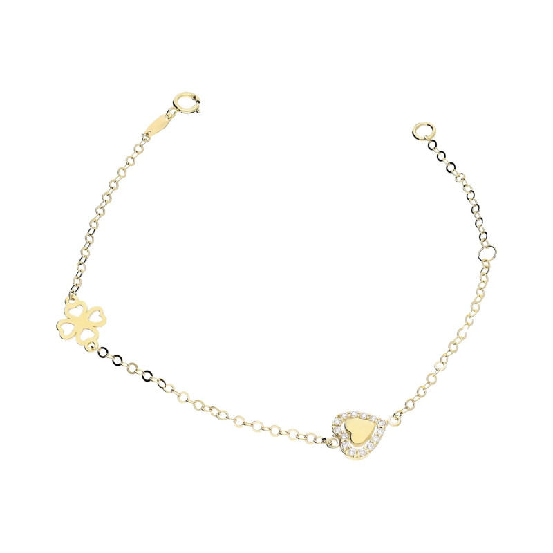 Bransoletka złota serce ramka z cyrkoni oraz koniczyna ramka