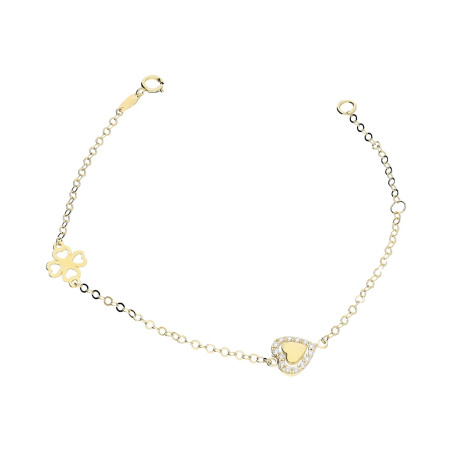 Bransoletka złota serce ramka z cyrkoni oraz koniczyna ramka