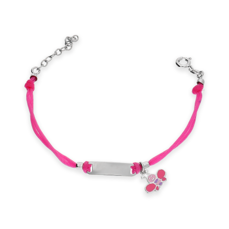 Bransoletka srebrna sznurkowa dla dziewczynki blaszka i pszczółka z emalią