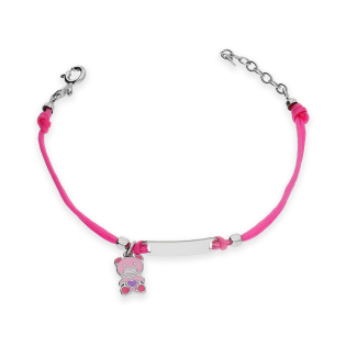 Bransoletka srebrna sznurkowa dla dziecka z blaszką i misiem