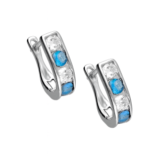 Kolczyki srebrne dla dziewczynki przecinki z białą i błękitną cyrkonią