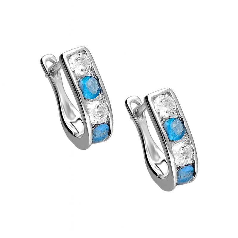 Kolczyki srebrne dla dziewczynki przecinki z białą i błękitną cyrkonią