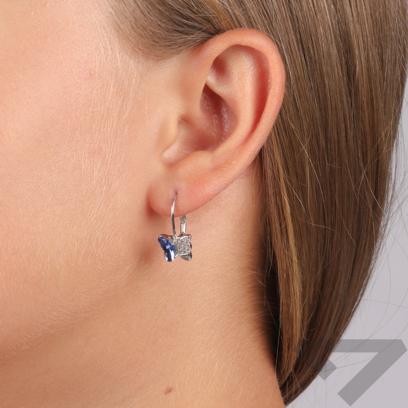 Kolczyki srebrne motylki wysadzane cyrkoniami białymi i niebieskimi