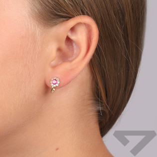 Kolczyki złote dla dziewczynki kwiatek z  różową cyrkonią próba 375