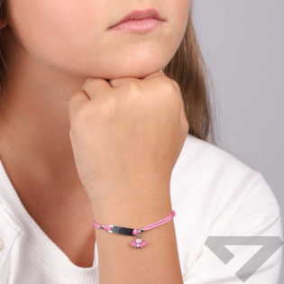 Bransoletka srebrna sznurkowa dla dziewczynki blaszka i pszczółka z emalią