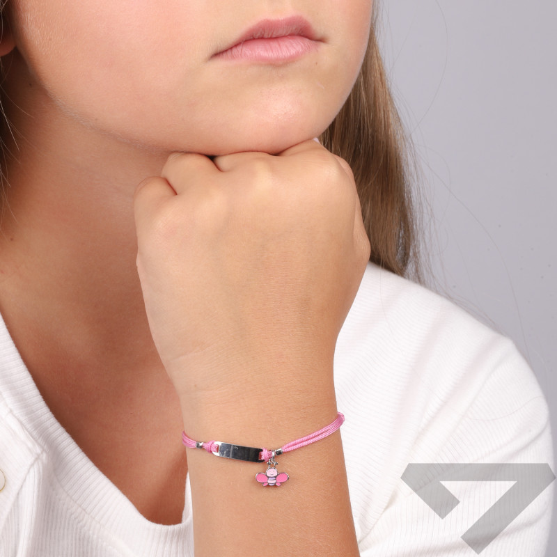 Bransoletka srebrna sznurkowa dla dziewczynki blaszka i pszczółka z emalią