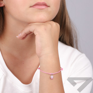 Bransoleta dla dziewczynki kot z kokardką na różowym sznurku