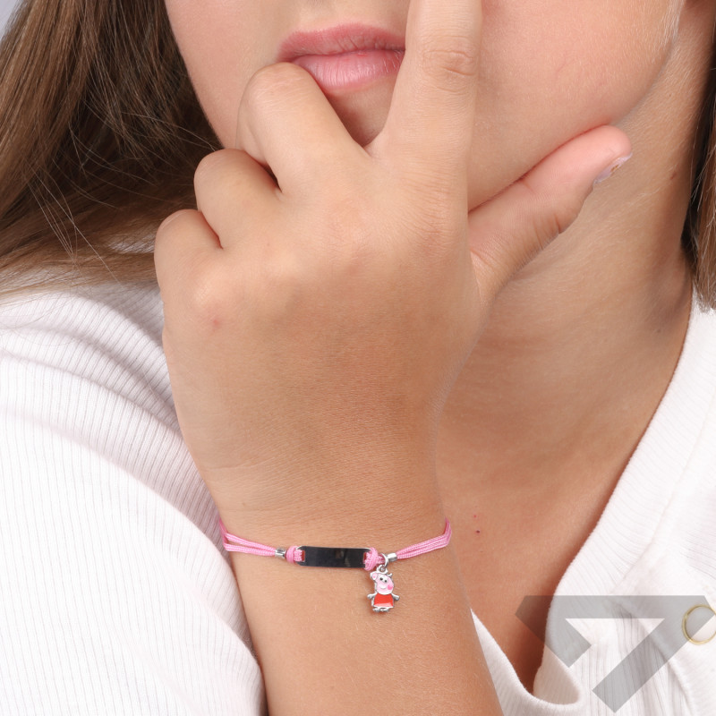 Bransoletka sznurkowa dla dziecka srebrna blaszka ze świnką Peppa