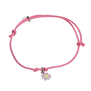 Bransoletka srebrna dla dziewczynki kwiatek na różowym sznurku z blaszką