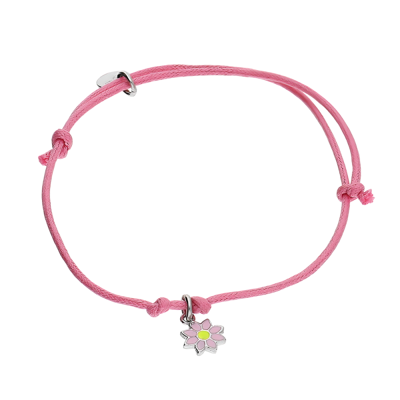Bransoletka srebrna dla dziewczynki kwiatek na różowym sznurku z blaszką