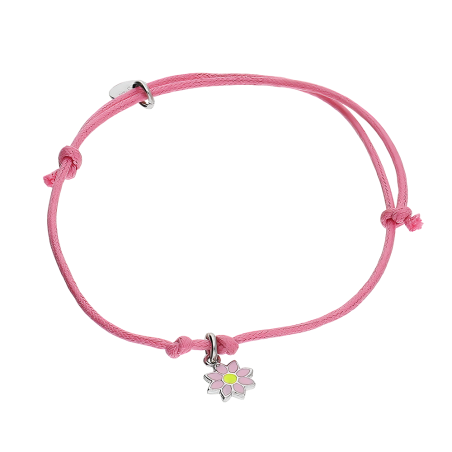 Bransoletka srebrna dla dziewczynki kwiatek na różowym sznurku z blaszką