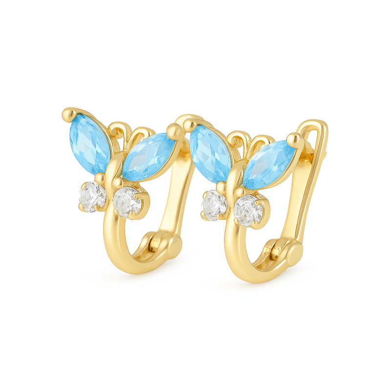 Kolczyki złote dla dziecka motylki z błękitną cyrkonią próba 375