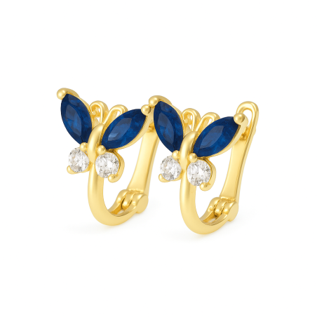 Kolczyki złote dla dziewczynki motyl z niebieskimi cyrkoniami próba 375