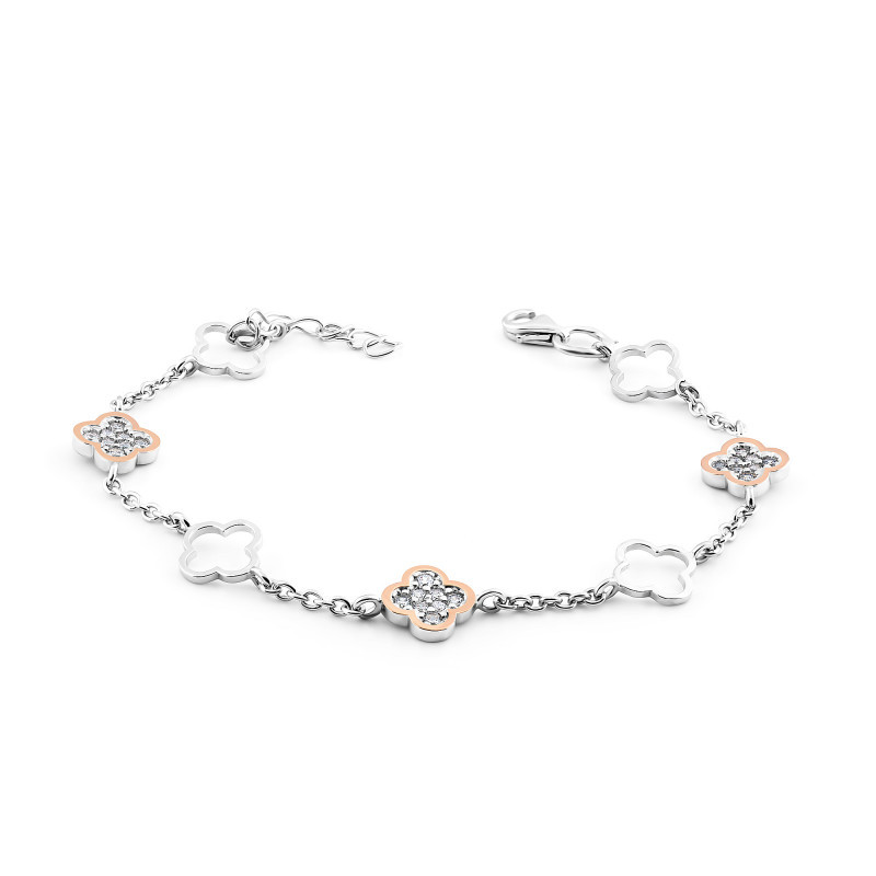 Bransoleta srebrna koniczynka z cyrkoniami oraz koniczynka ramka z elementami ze złota