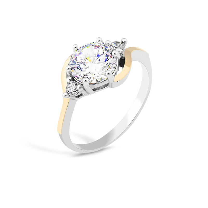 Pierścionek srebrny trzy cyrkonie ze złotą blaszką