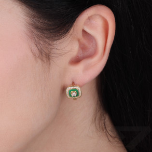 Kolczyki złote kwadrat z zieloną emalią i cyrkoniami