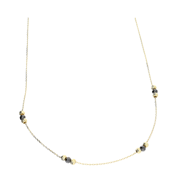 Naszyjnik złoty czarne cyrkonie faset i grawerowane kulki
