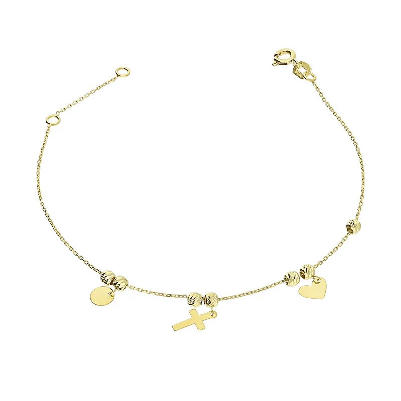 Bransoletka złota z wiszącym sercem krzyżem i koniczyną