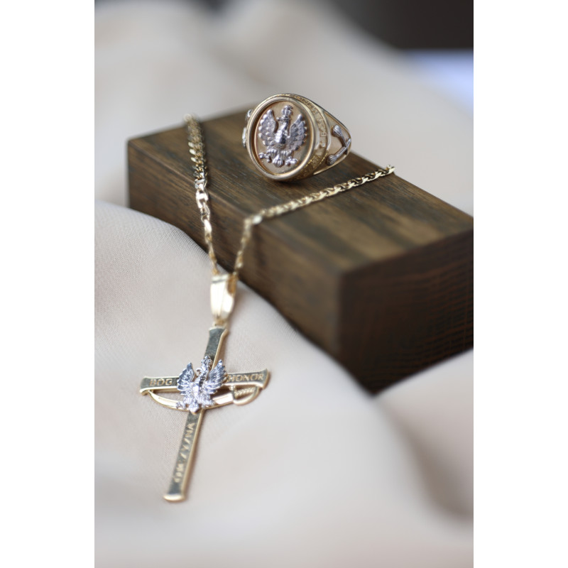 Krzyżyk złoty Patriotyczny z godłem i napisem Bóg Honor Ojczyzna