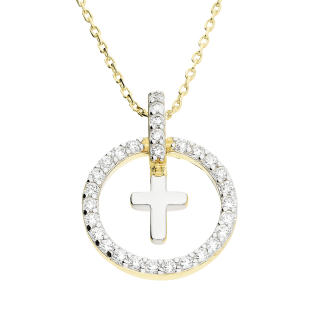 Naszyjnik złoty krzyż w kole z cyrkoniami