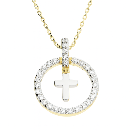 Naszyjnik złoty krzyż w kole z cyrkoniami