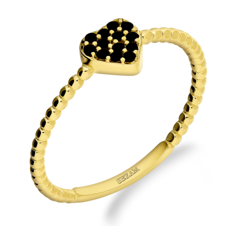 Pierścionek złoty z sercem z czarnymi cyrkoniami