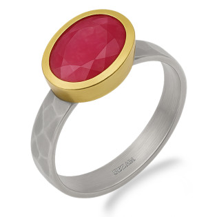 Pierścionek metaloplastyka z brassem i naturalnym rubinem