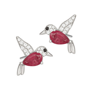 Kolczyki srebrne ptak koliber z cyrkonii białych i w kolorze fuksji