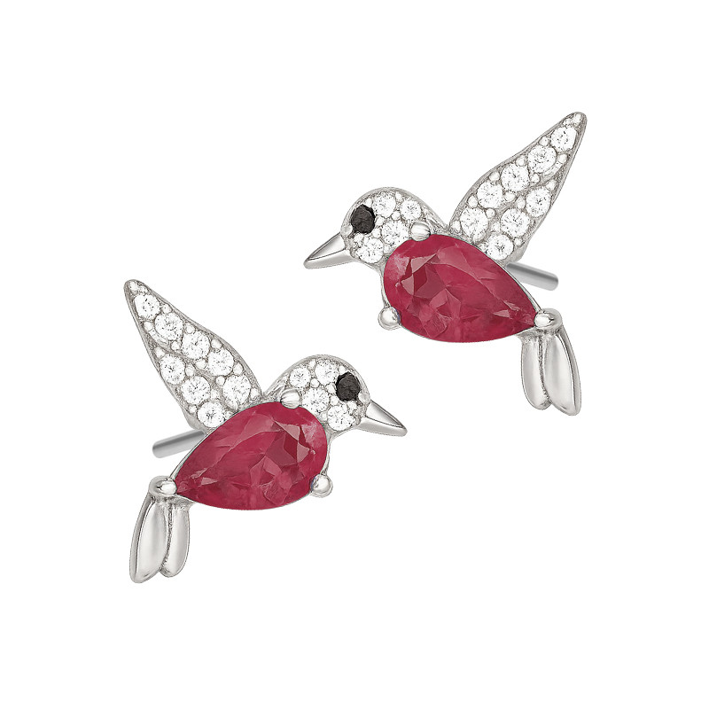 Kolczyki srebrne ptak koliber z cyrkonii białych i w kolorze fuksji