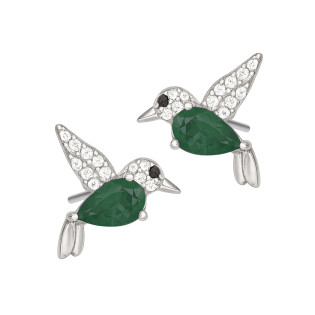Kolczyki srebrne ptak koliber z cyrkonii białej i zielonej