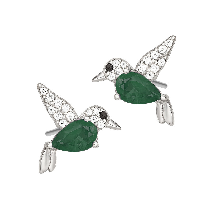 Kolczyki srebrne ptak koliber z cyrkonii białej i zielonej
