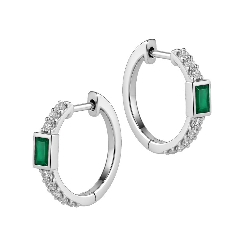 Kolczyki srebrne kółka z zieloną cyrkonią bagietą