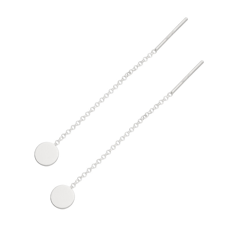 Kolczyki srebrne gładkie koło przeciągane na łańcuszku rolo