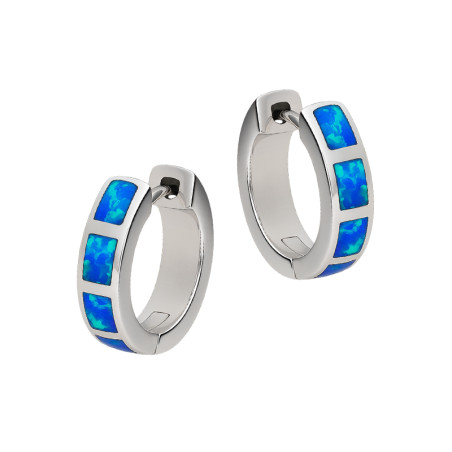 Kolczyki srebrne kółka z kamieniem jubilerskim opalem niebieskim