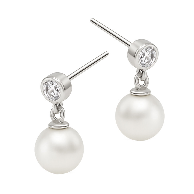 Kolczyki z wiszącą perłą jubilerską i cyrkonią
