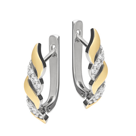 Kolczyki srebrne fale z cyrkoniami i złotą blaszką