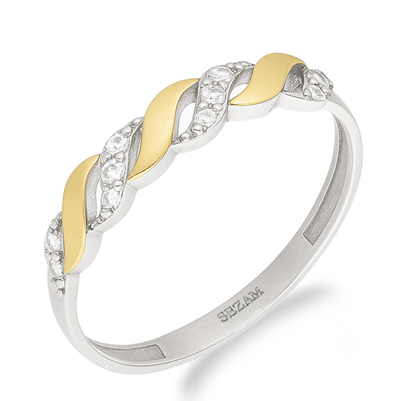 Pierścionek srebrny fale z cyrkoniami i złotą blaszką