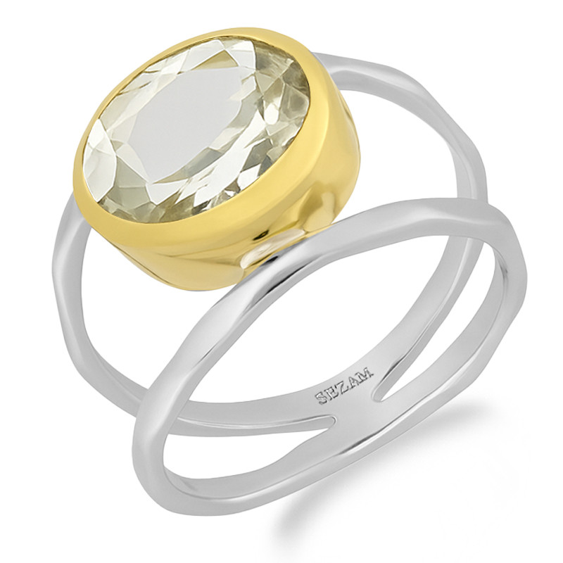 Pierścionek metaloplastyka z brassem wysadzany naturalnym prasiolitem